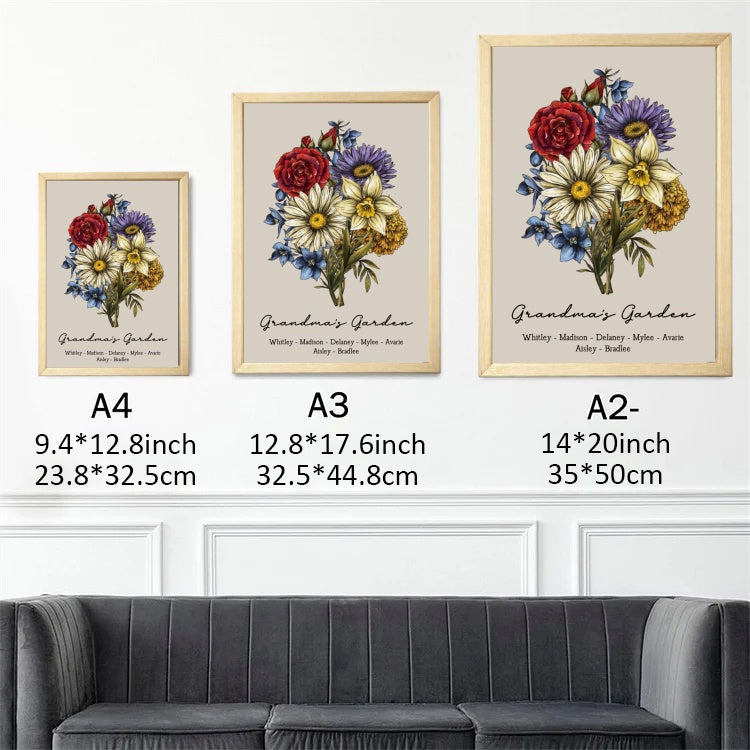 Vintage Custom Birth Flower Family Bouquet Names Frame