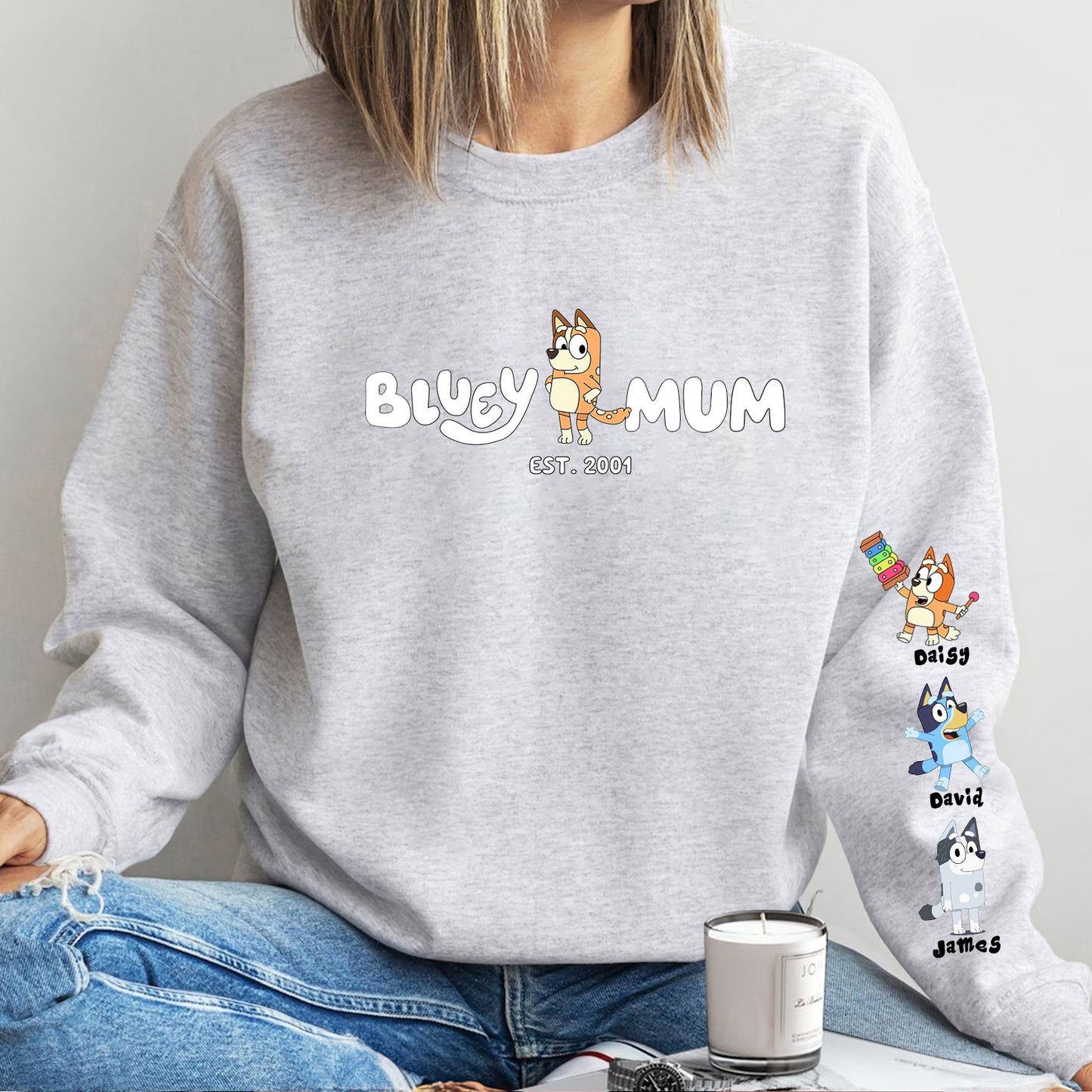 Custom Cartoon Mama Sweatshirt with Kid's Name on Sleeve