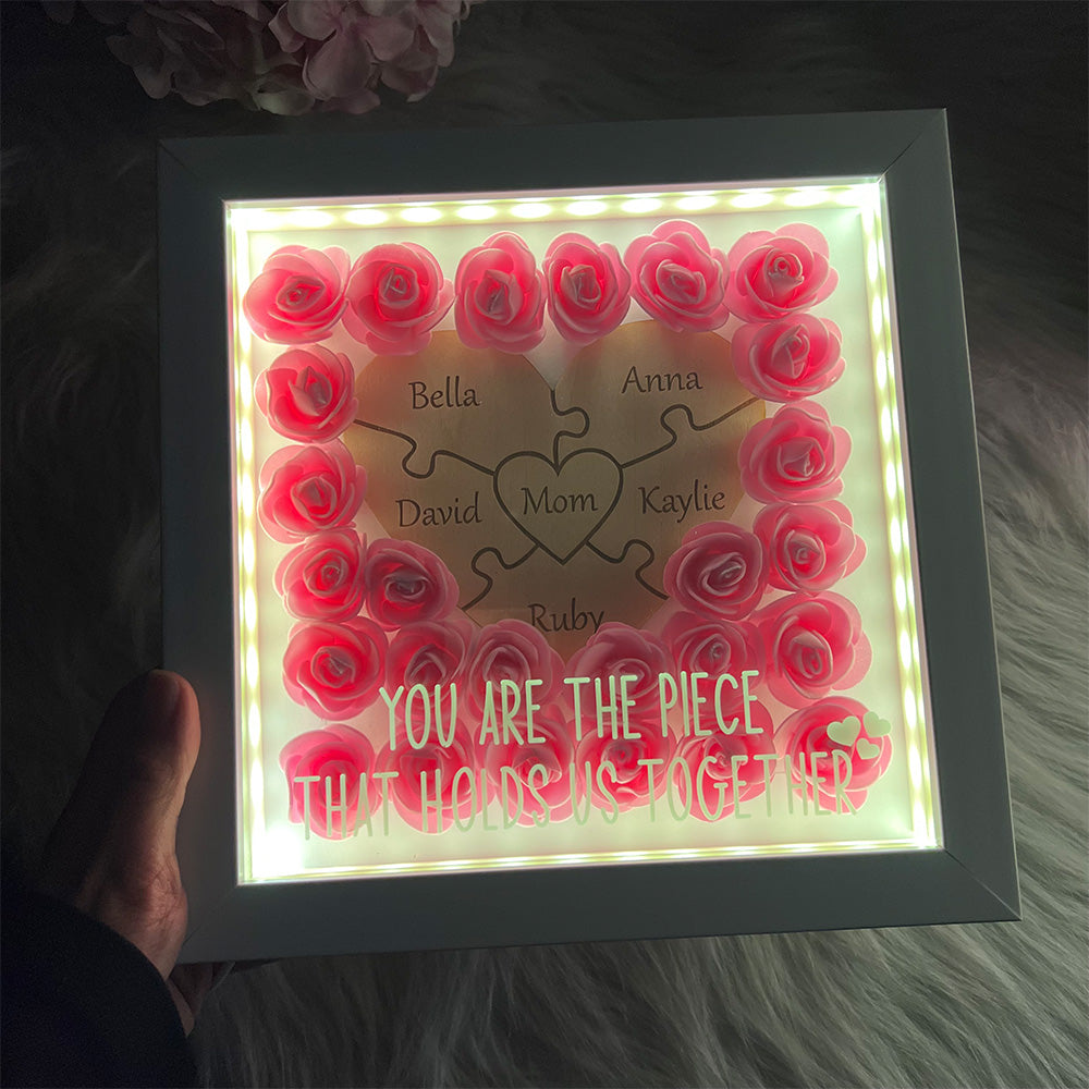 Personalized Puzzle Piece Mom Heart Shaped Flower Shadow LED Box