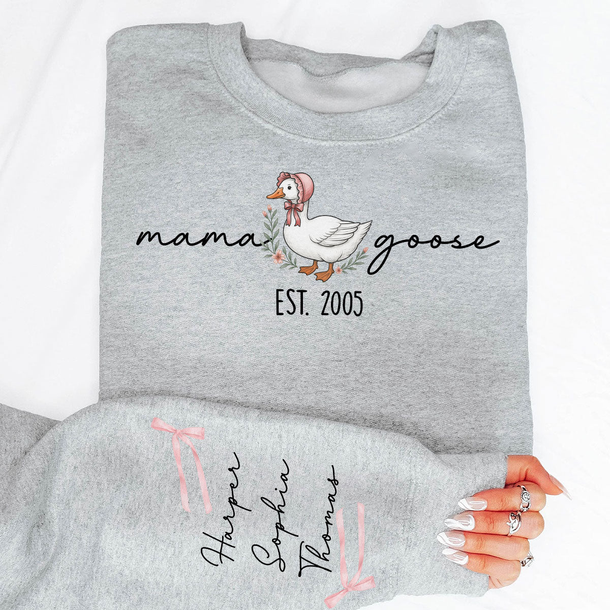 Sweat-shirt personnalisé à manches longues imprimé Mama Goose Est., cadeau pour maman et grand-mère