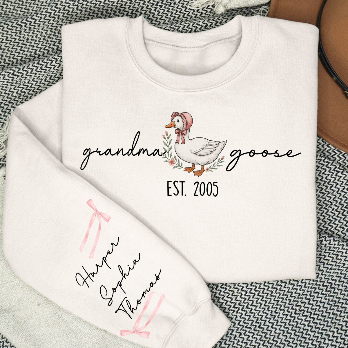 Sweat-shirt personnalisé à manches longues imprimé Mama Goose Est., cadeau pour maman et grand-mère