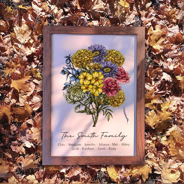 Vintage Custom Birth Flower Family Bouquet Names Frame