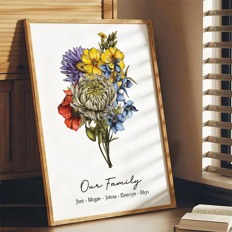Vintage Custom Birth Flower Family Bouquet Names Frame