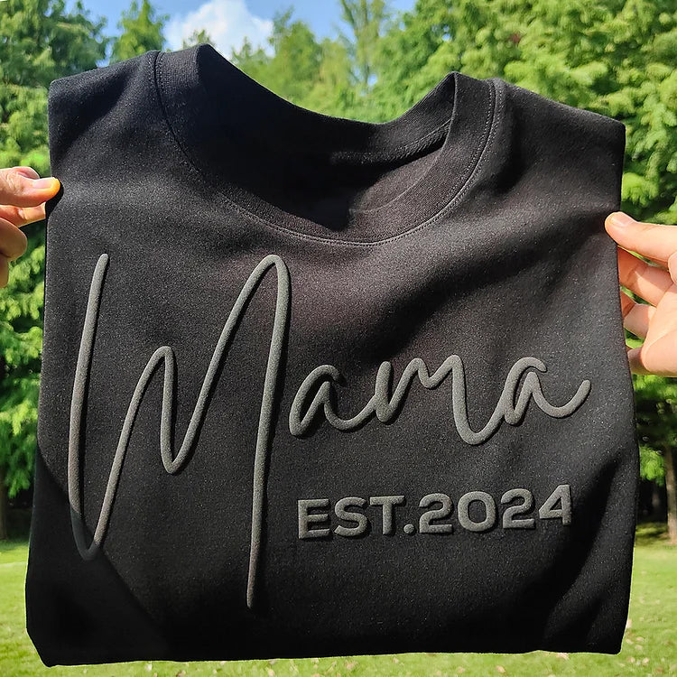Sweat-shirt Puff Mama personnalisé avec noms d'enfants sur la manche