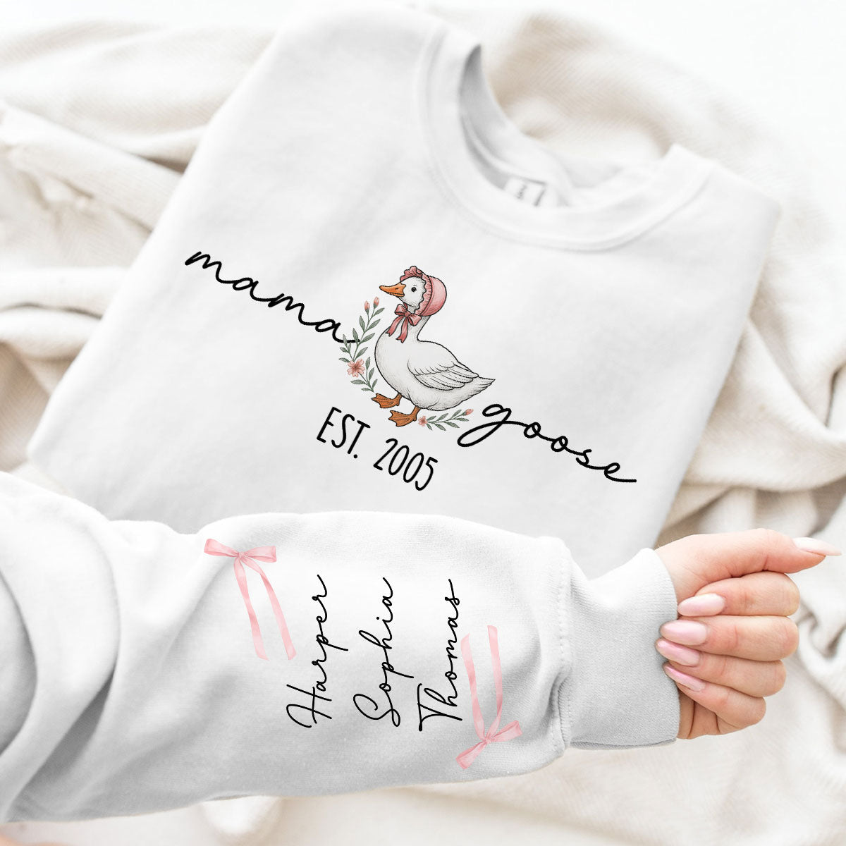 Sweat-shirt personnalisé à manches longues imprimé Mama Goose Est., cadeau pour maman et grand-mère