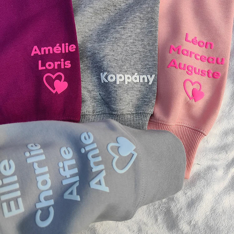 Sweat-shirt Puff Mama personnalisé avec noms d'enfants sur la manche