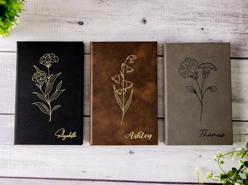 Personalized Engraved Leather Journal For Women, Customized Birth Flower Notebook, Custom Diary for Women, Mother's Day Gift, Gift for Mom