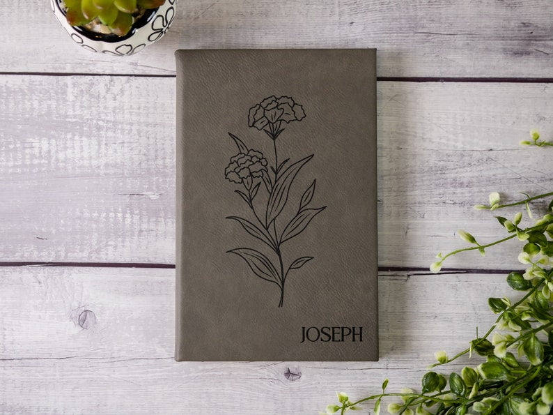 Personalized Engraved Leather Journal For Women, Customized Birth Flower Notebook, Custom Diary for Women, Mother's Day Gift, Gift for Mom