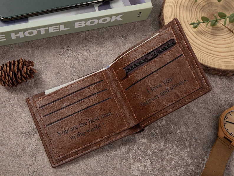 Custom Engraved Leather Wallet for Men, Personalized Gifts for Him, Anniversary Gifts for Father, Dad, Husband, Boyfriend, Leather Accessory