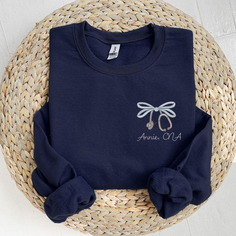 Sweat-shirt brodé personnalisé avec nœud à double boucle pour infirmière