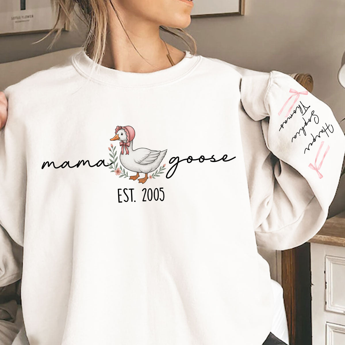 Sweat-shirt personnalisé à manches longues imprimé Mama Goose Est., cadeau pour maman et grand-mère