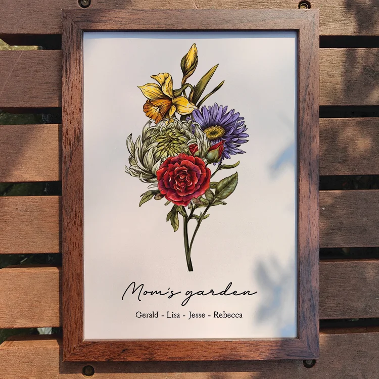 Vintage Custom Birth Flower Family Bouquet Names Frame