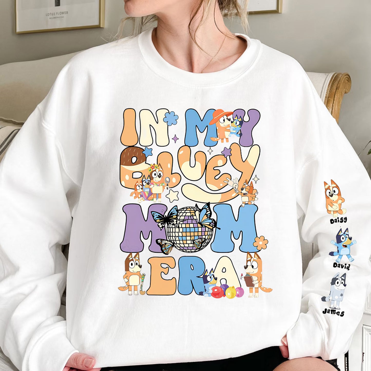 Custom Cartoon Mama Sweatshirt with Kid's Name on Sleeve
