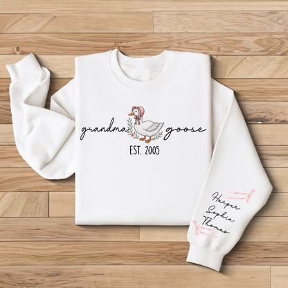 Sweat-shirt personnalisé à manches longues imprimé Mama Goose Est., cadeau pour maman et grand-mère