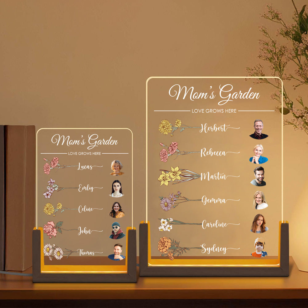 Let Love Grow In Mom's Garden Custom Family Birth Flower With Name & Photo Led Light