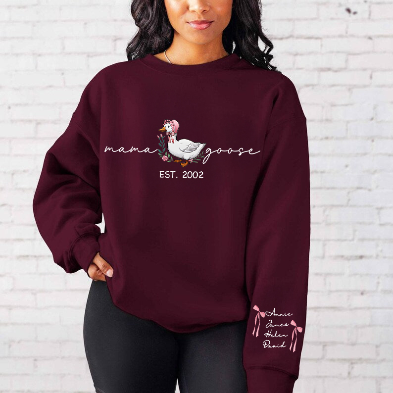 Sweat-shirt personnalisé à manches longues imprimé Mama Goose Est., cadeau pour maman et grand-mère