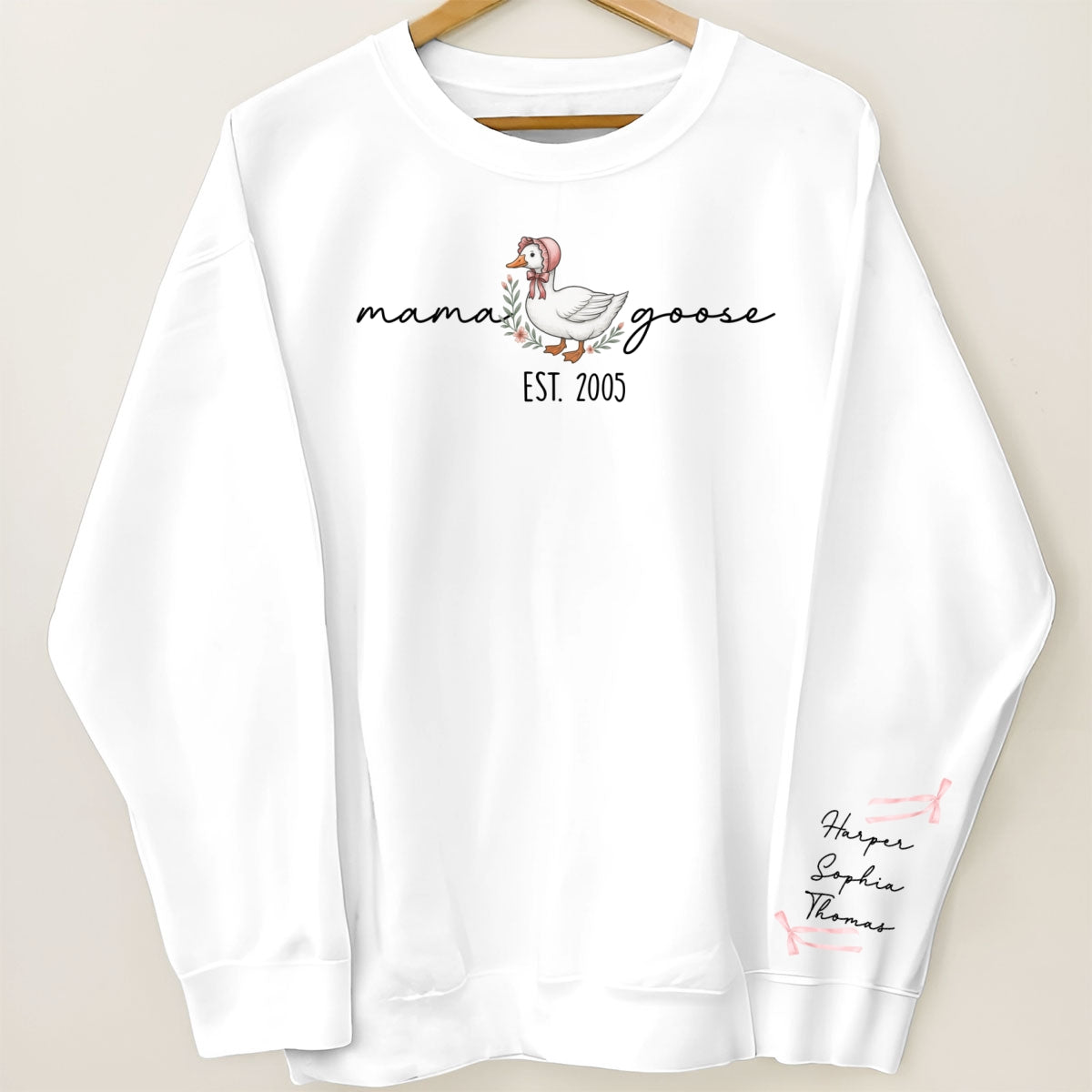 Sweat-shirt personnalisé à manches longues imprimé Mama Goose Est., cadeau pour maman et grand-mère