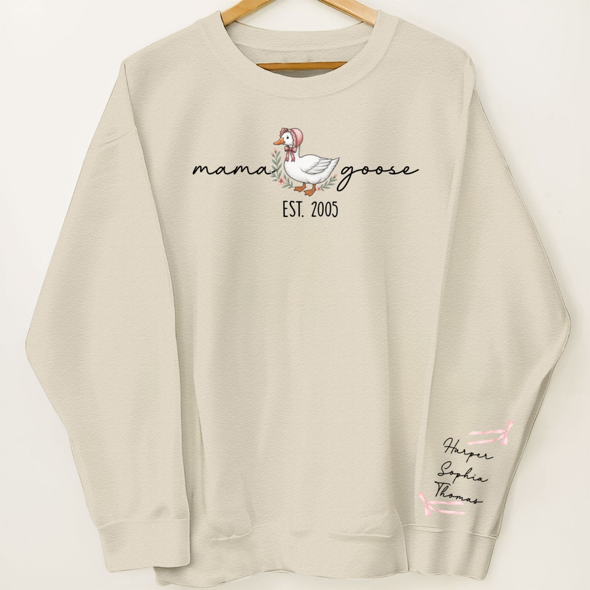 Sweat-shirt personnalisé à manches longues imprimé Mama Goose Est., cadeau pour maman et grand-mère