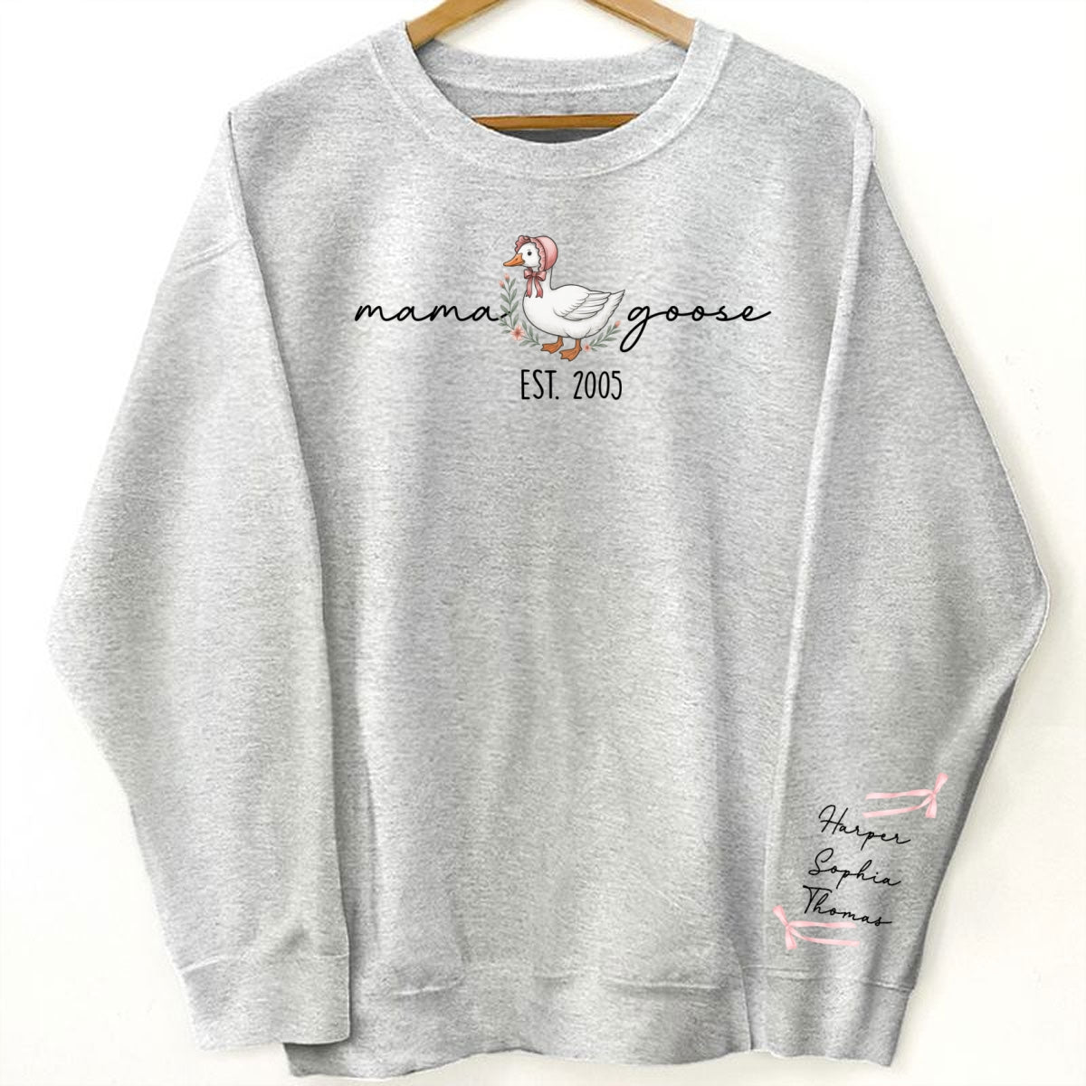 Sweat-shirt personnalisé à manches longues imprimé Mama Goose Est., cadeau pour maman et grand-mère
