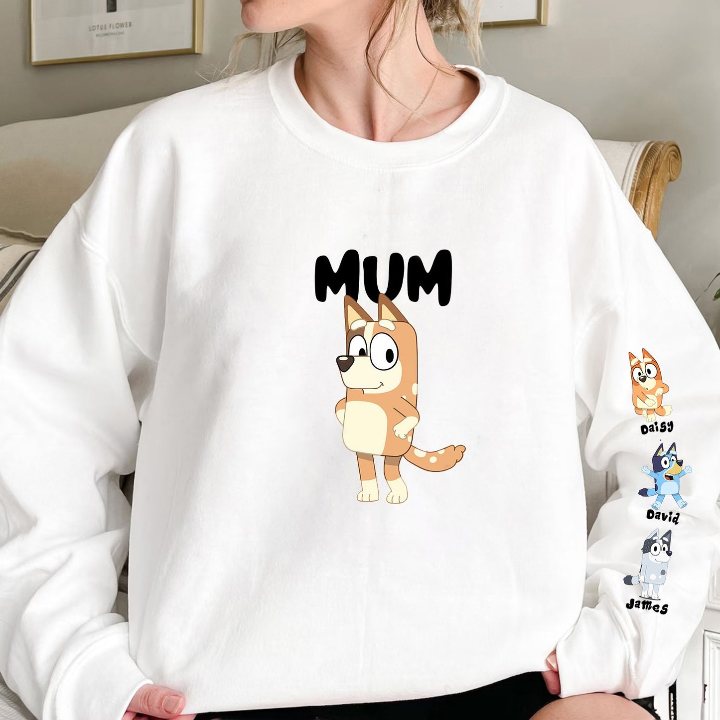 Custom Cartoon Mama Sweatshirt with Kid's Name on Sleeve