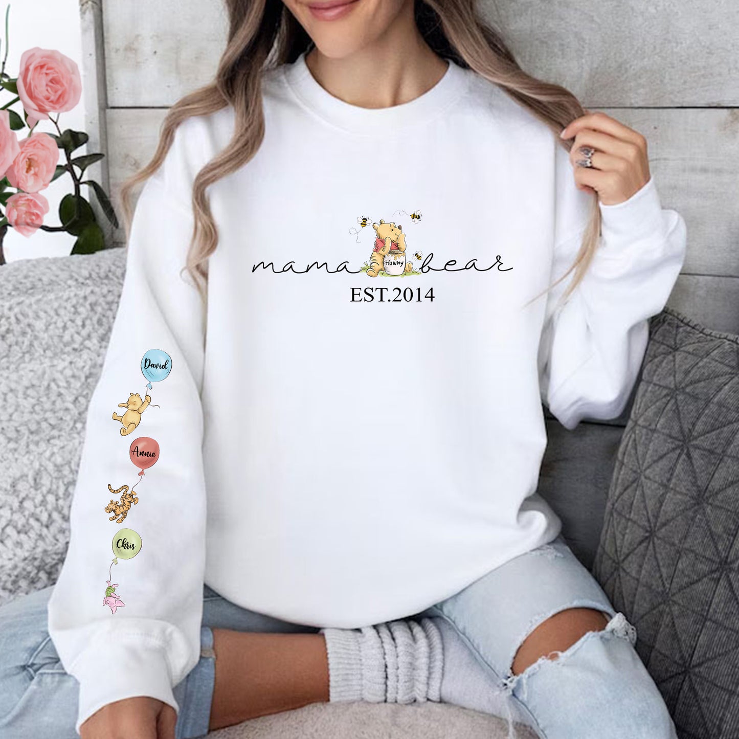 Custom Mama Bear Sweatshirt, Mama Est with Kid Name on Sleeve Sweatshirt