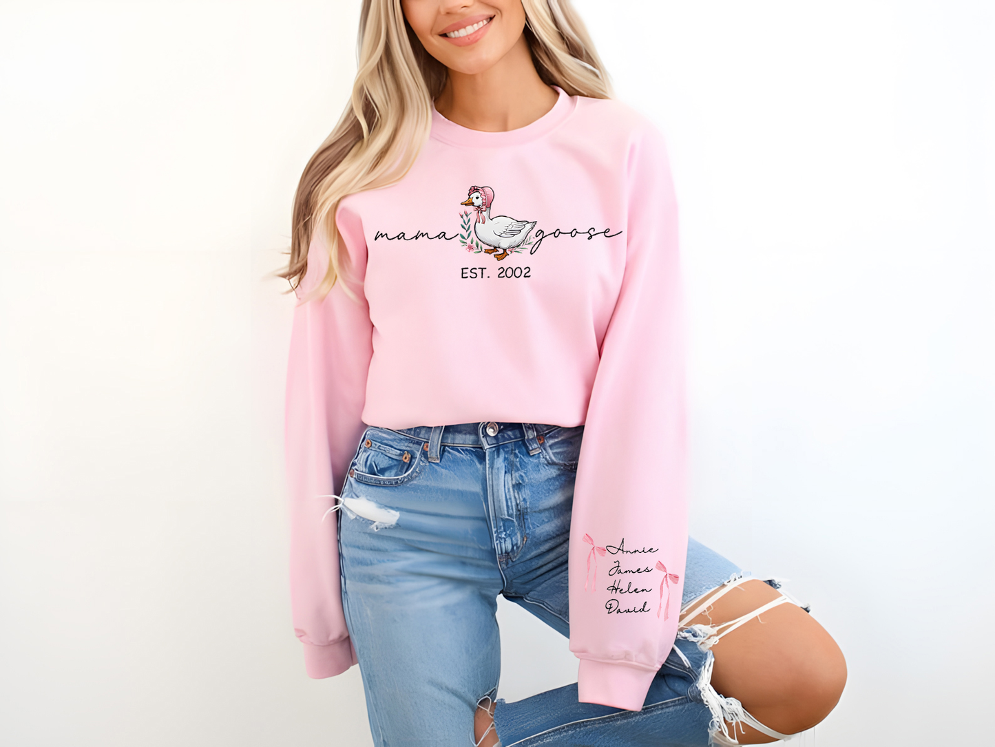 Sweat-shirt personnalisé à manches longues imprimé Mama Goose Est., cadeau pour maman et grand-mère