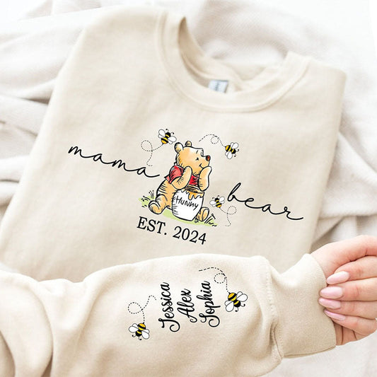 Sweat-shirt personnalisé « Mama Bear » avec abeilles, « Mama Est » avec le nom de l'enfant sur la manche