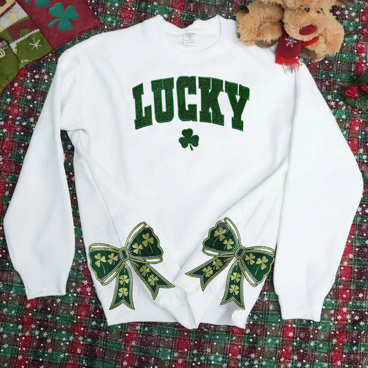 St. Patrick's Day Glitter Lucky Sweatshirt - Side Bow Applique