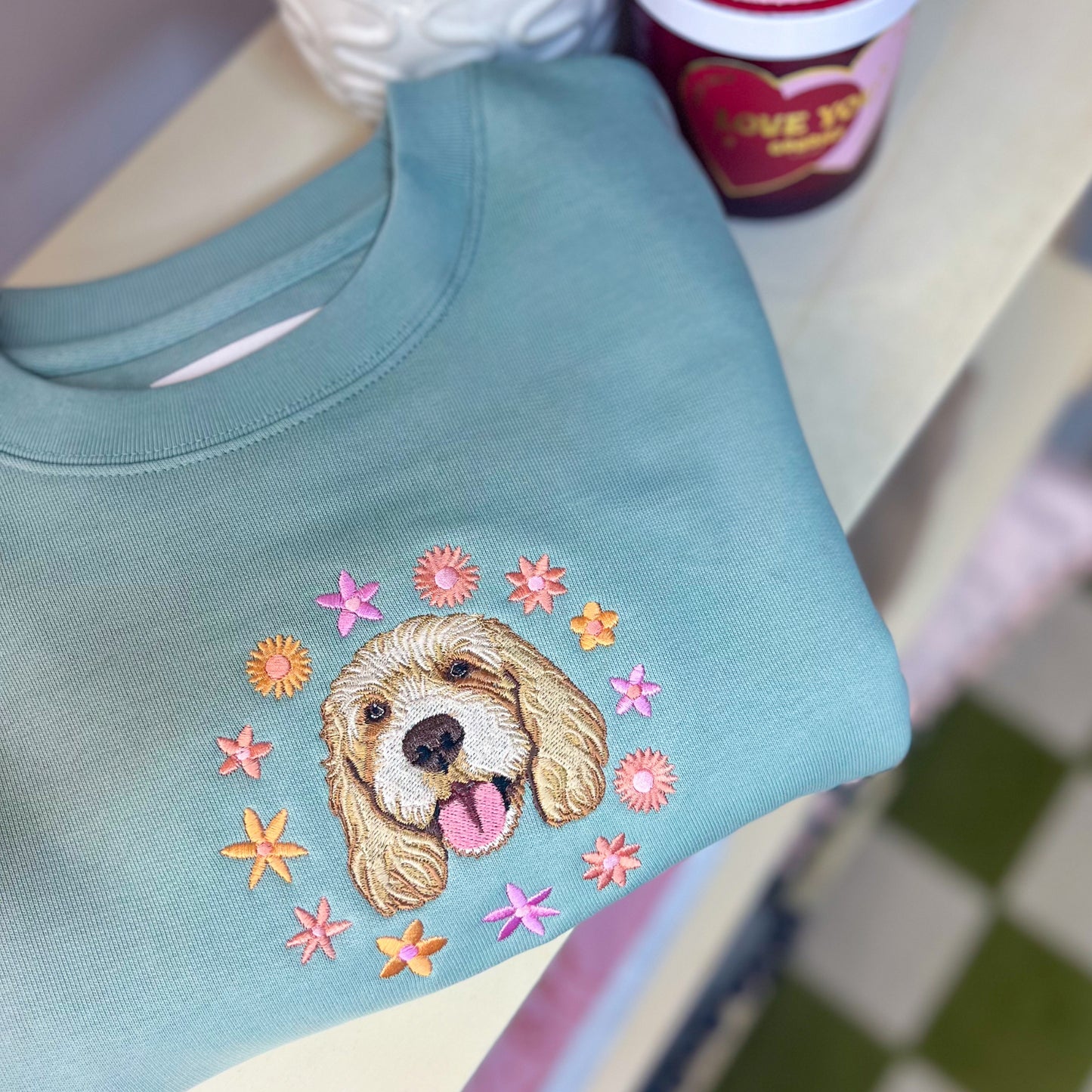 Embroidered Pet Portrait Spring Flowers Organic Sweatshirt