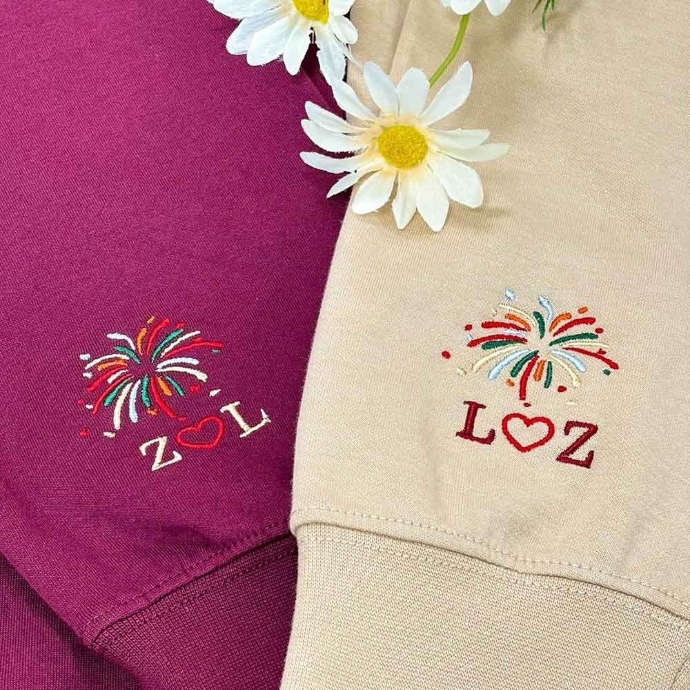 Personalized Embroidered Roman Numeral Sweatshirt With Firework Initials On Sleeve For Couple