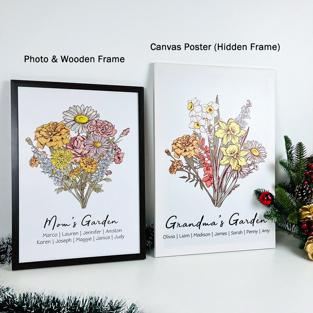 Personalized Birth flower Bouquet Names Frame