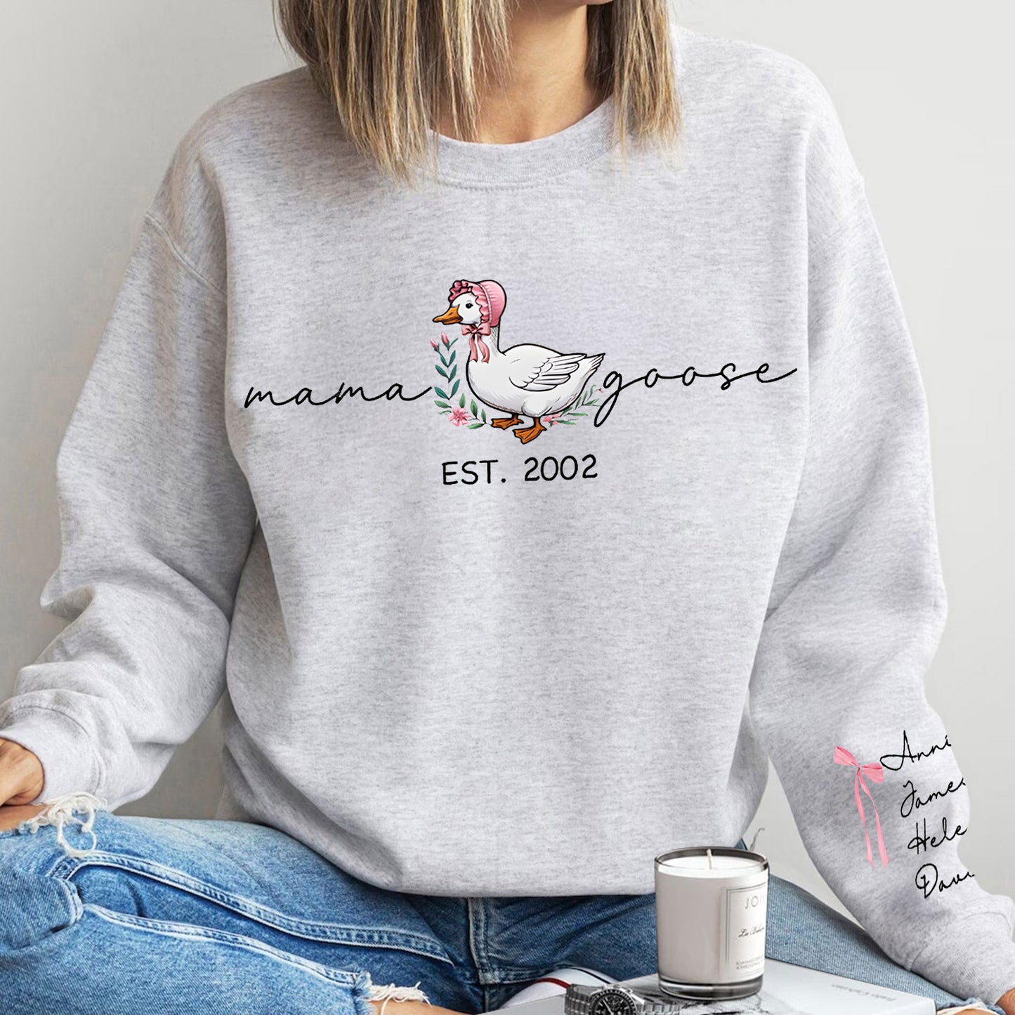 Sweat-shirt personnalisé à manches longues imprimé Mama Goose Est., cadeau pour maman et grand-mère