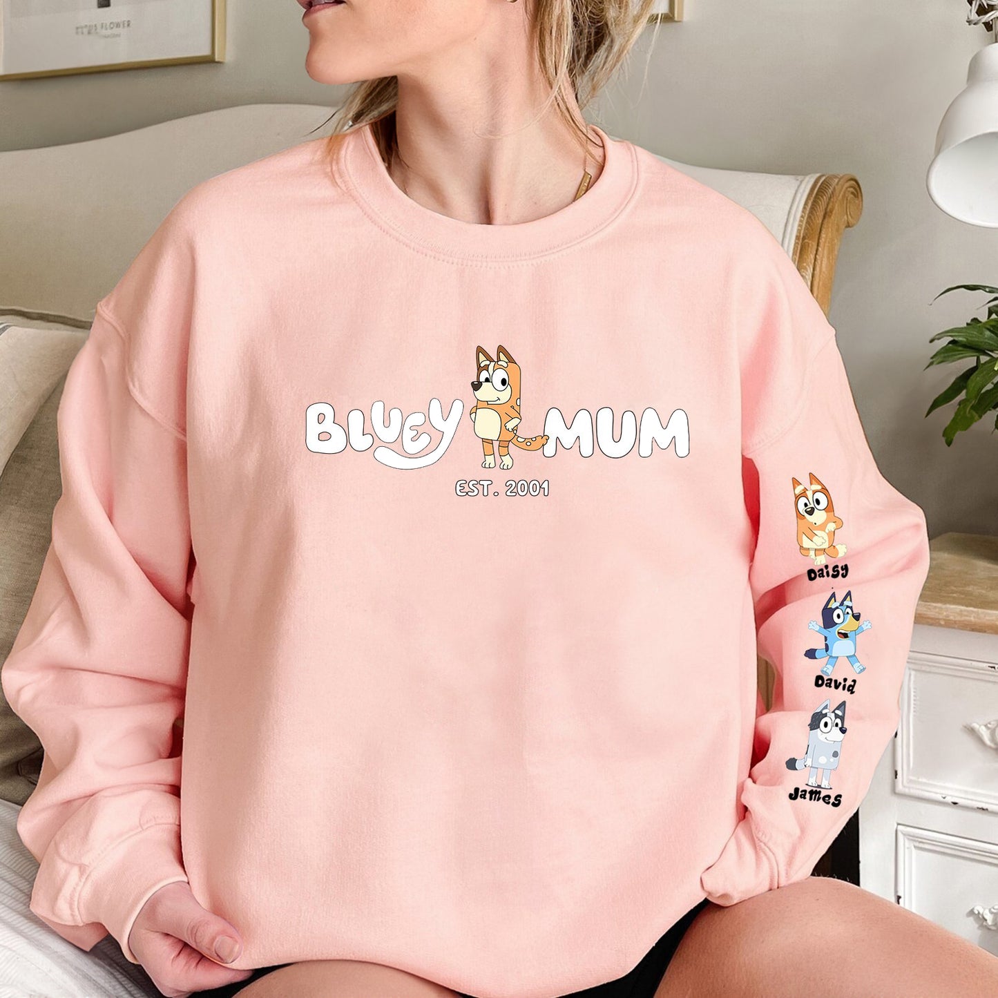 Custom Cartoon Mama Sweatshirt with Kid's Name on Sleeve
