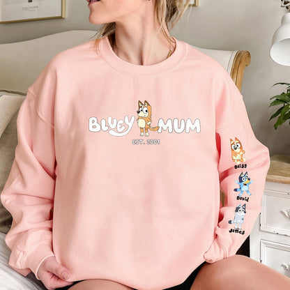 Custom Cartoon Mama Sweatshirt with Kid's Name on Sleeve