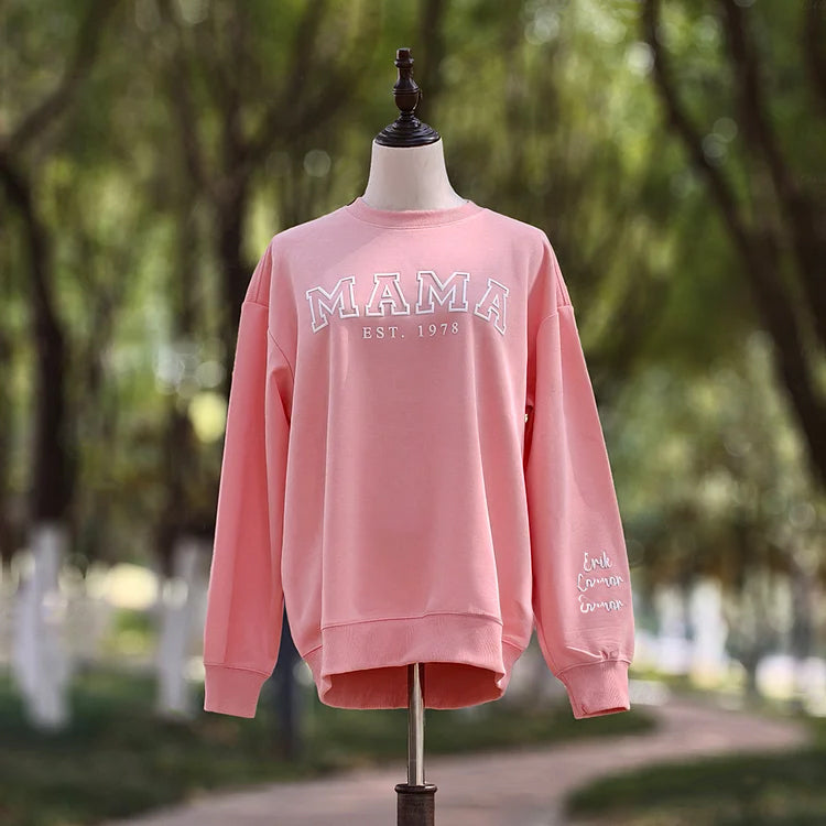 Custom Puff Mama Est Sweatshirt With Names On Sleeve