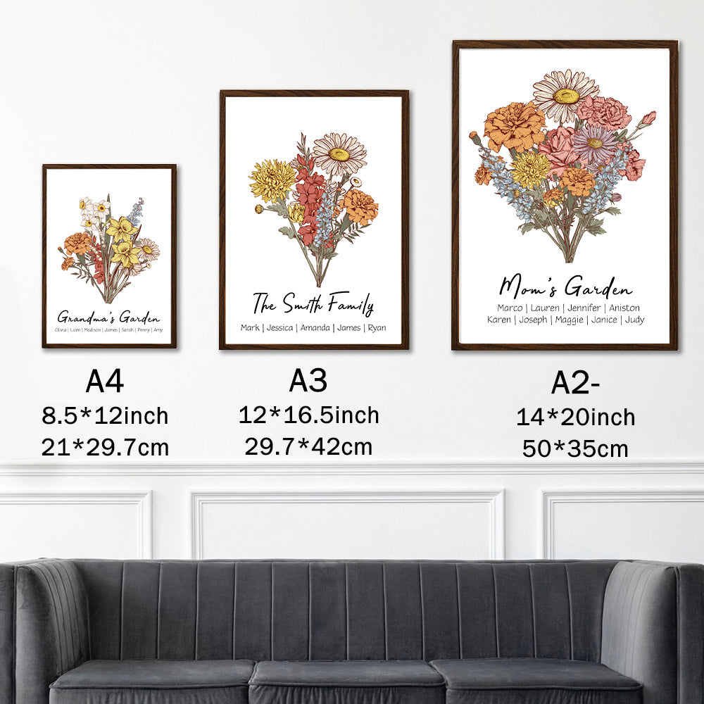 Personalized Birth flower Bouquet Names Frame