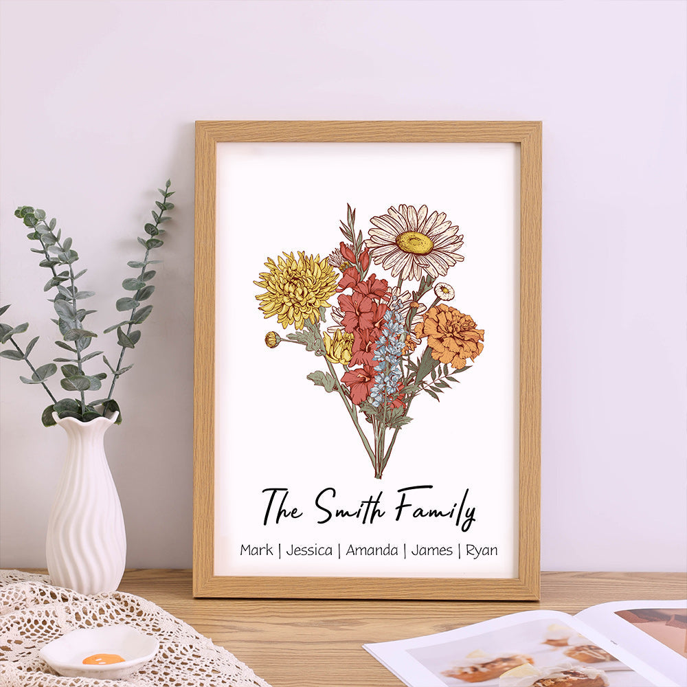 Personalized Birth flower Bouquet Names Frame