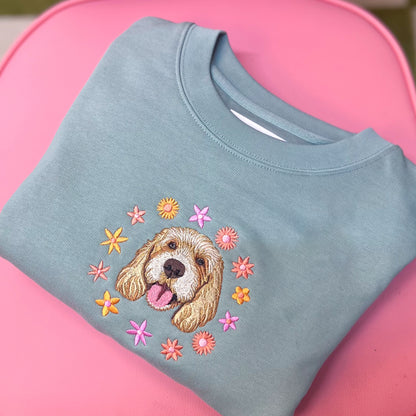Embroidered Pet Portrait Spring Flowers Organic Sweatshirt