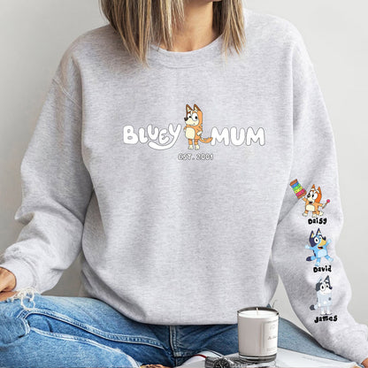 Custom Cartoon Mama Sweatshirt with Kid's Name on Sleeve