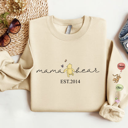 Custom Mama Bear Sweatshirt, Mama Est with Kid Name on Sleeve Sweatshirt