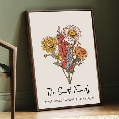 Personalized Birth flower Bouquet Names Frame