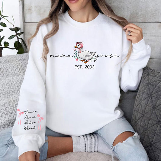 Mama Goose Est. Personalized Sleeve Printed Sweatshirt, Gift For Mom, Grandma