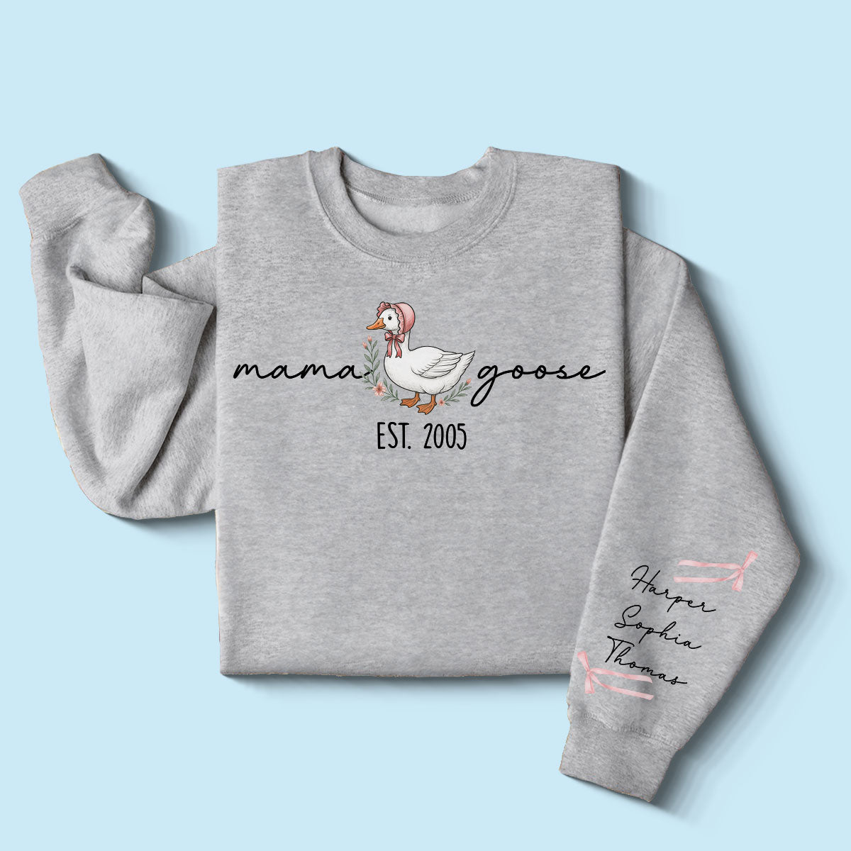 Sweat-shirt personnalisé à manches longues imprimé Mama Goose Est., cadeau pour maman et grand-mère