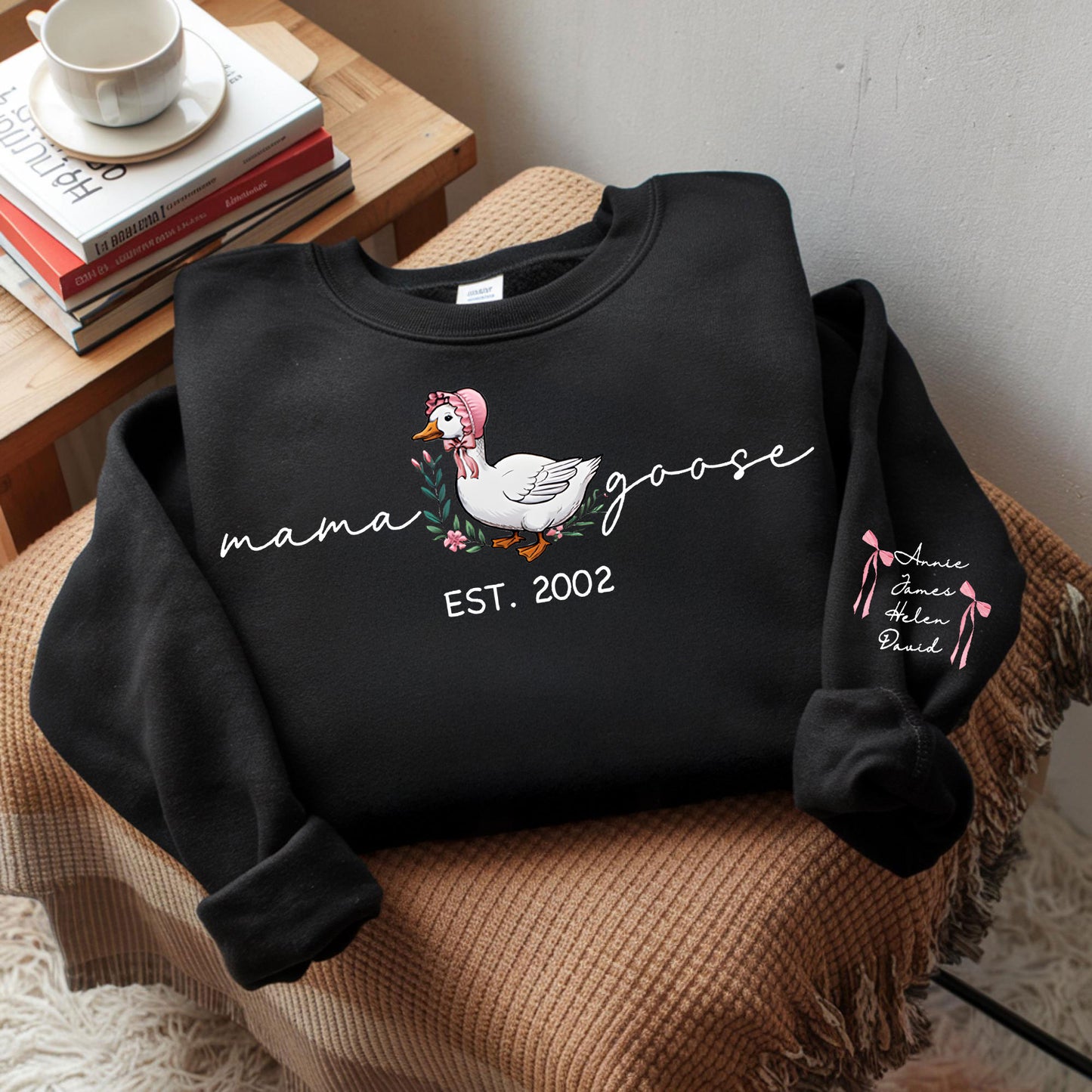 Sweat-shirt personnalisé à manches longues imprimé Mama Goose Est., cadeau pour maman et grand-mère