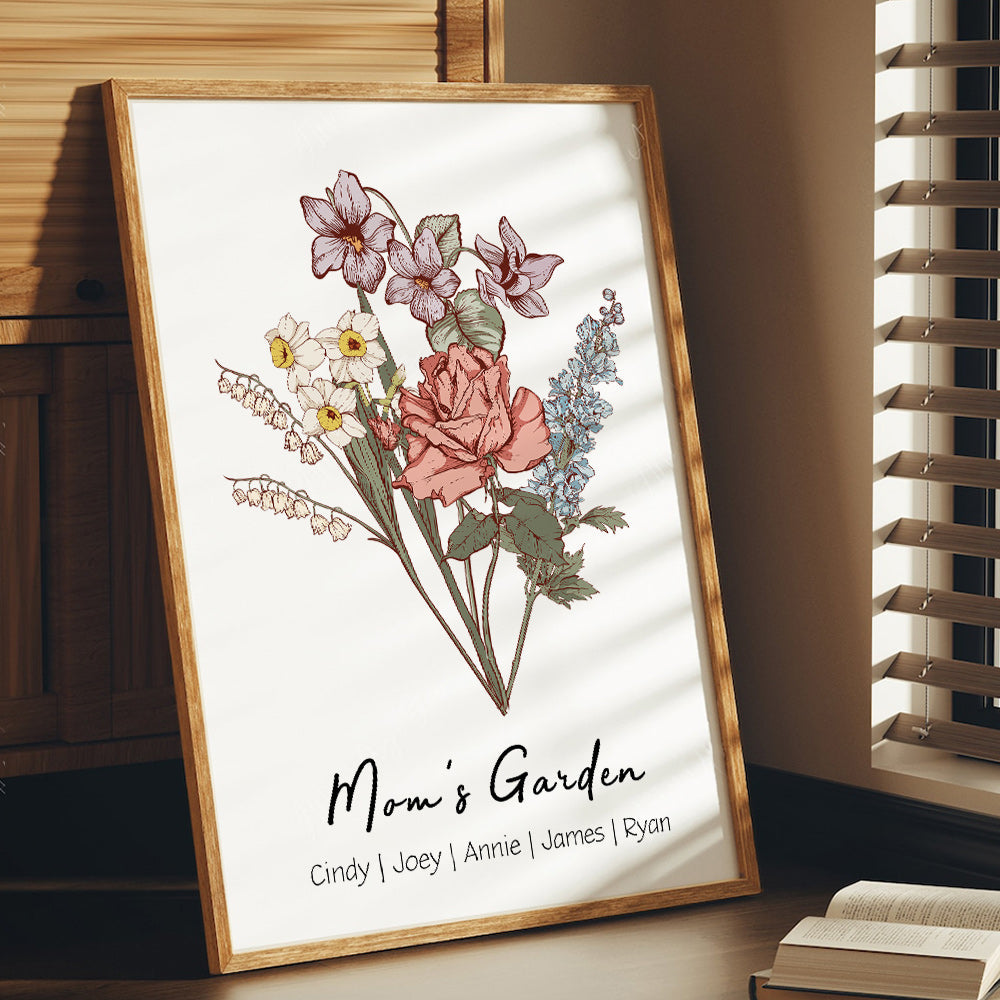 Personalized Birth flower Bouquet Names Frame