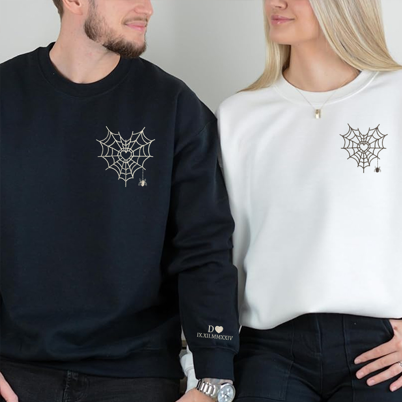 Embroidered Spiderweb Heart Couple Sweatshirt