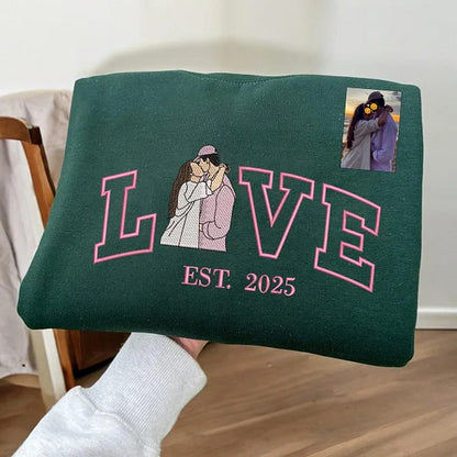 Personalized Embroidered Photo Couple LOVE Est Year Sweatshirt