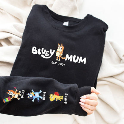 Custom Cartoon Mama Sweatshirt with Kid's Name on Sleeve