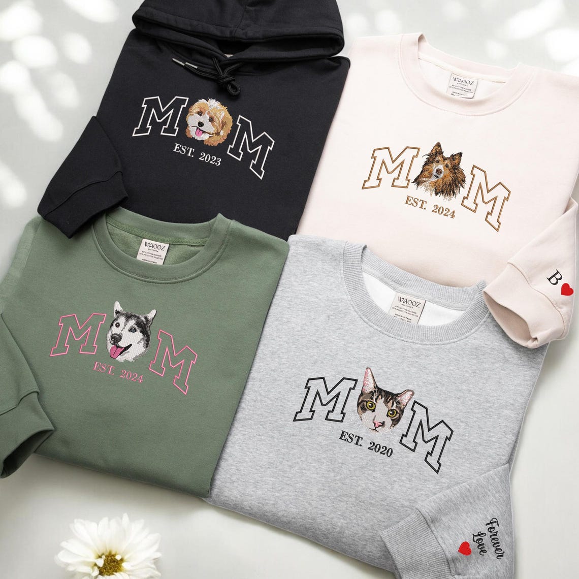 Personalized Embroidered Dog Mom EST Sweatshirt with Pet Face Gift for Dog Lovers