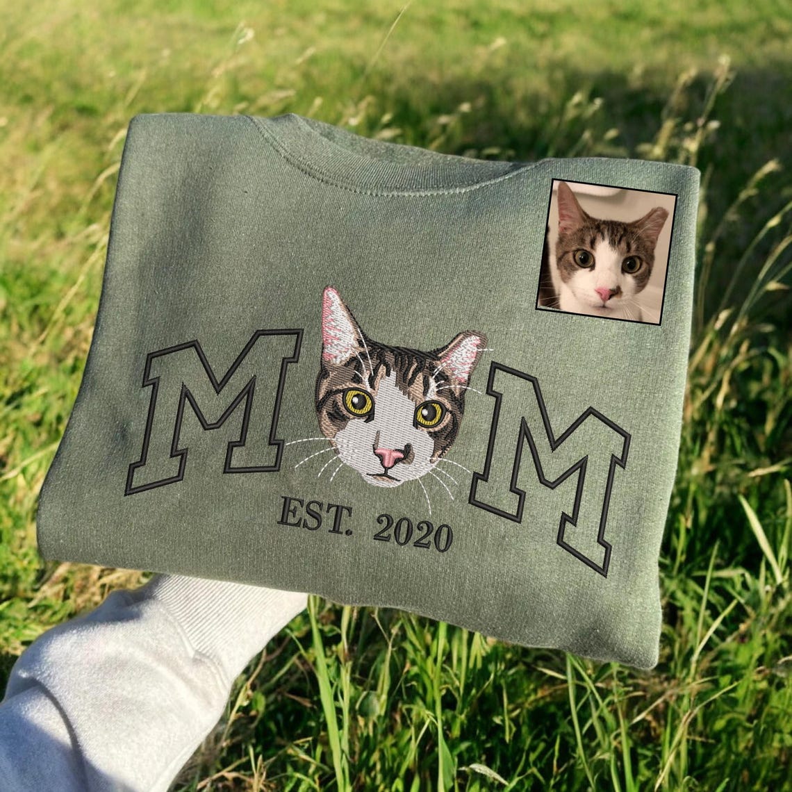 Personalized Embroidered Dog Mom EST Sweatshirt with Pet Face Gift for Dog Lovers
